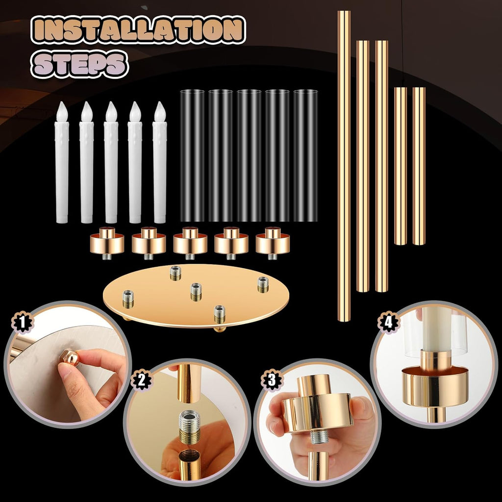4 Set Gold Candelabra Centerpieces for Tables, 26.8 Inch 5 Arm Candle Holders with LED Candles and Acrylic Cylinders