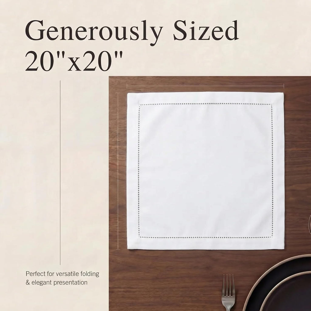 Cloth Napkins White Hemstitch Dinner Napkins Set of 12 (20X20) 100% Cotton Absorbent Washable Durable Reusable Ideal