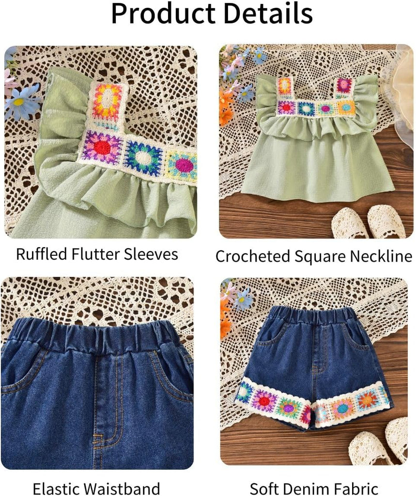 Toddler Girls Ruffle Crochet Tops Denim Shorts Set