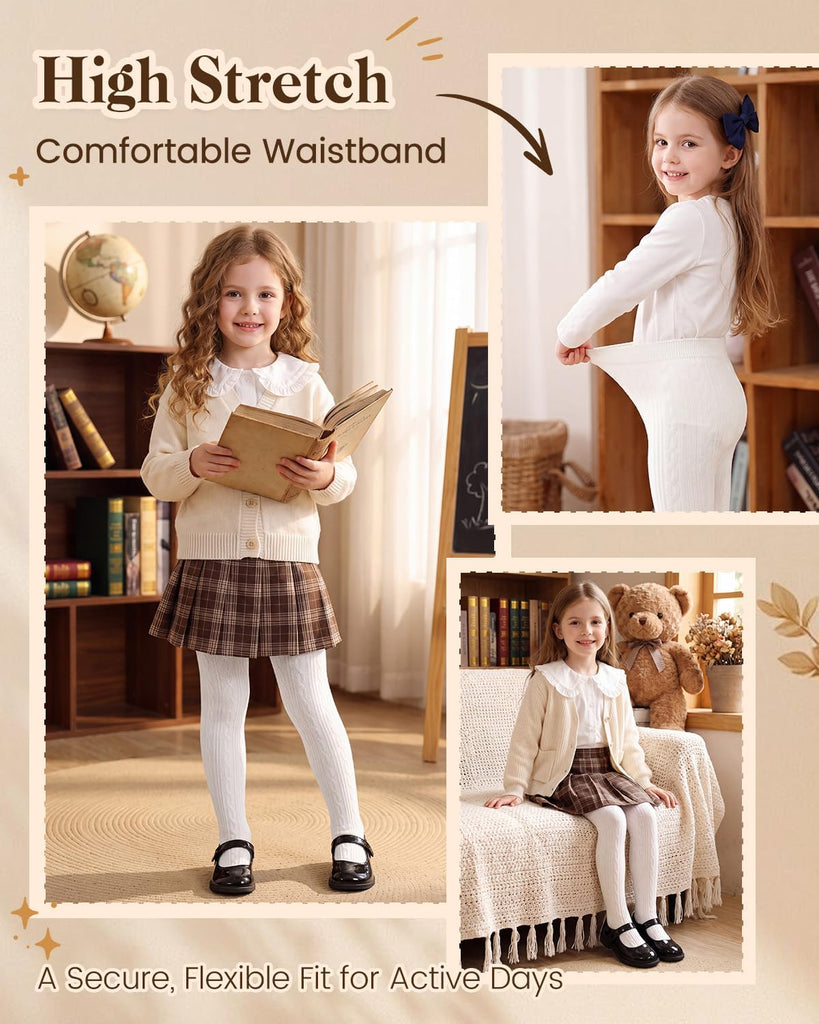 3 Pack Girls Cable Knit Cotton Warm Tights for Kids