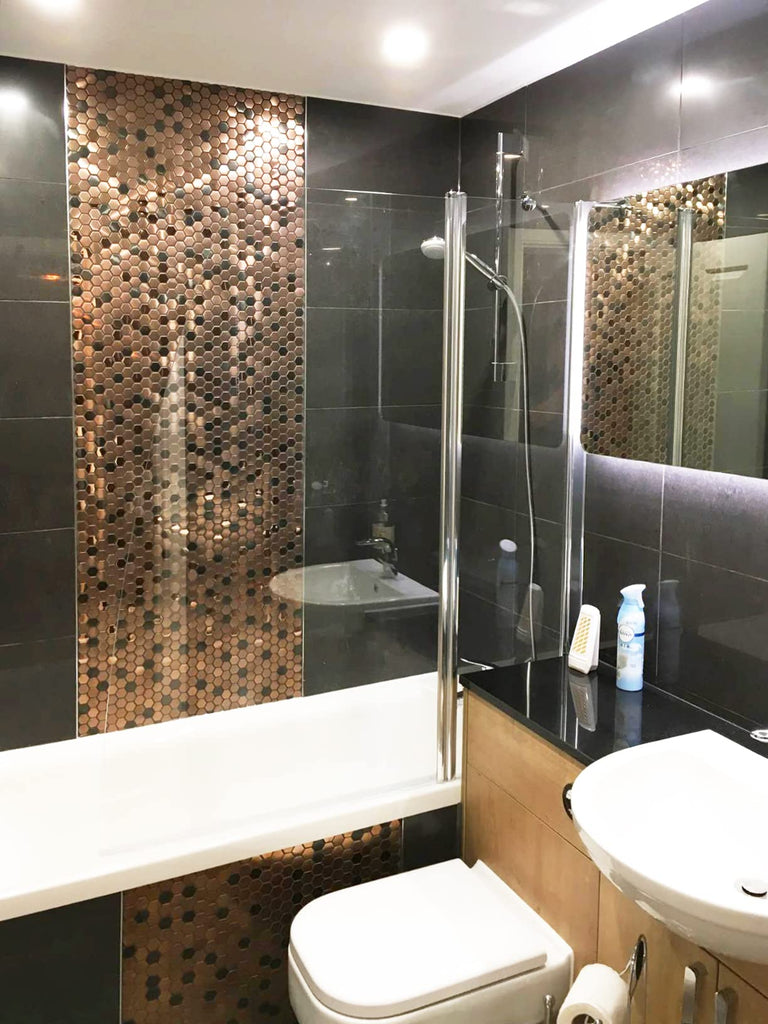Hexagon Stainless Steel Brushed Mosaic Tile Bronze Copper Color Black Bathroom Kitchen Backsplash Shower Floor Tiles