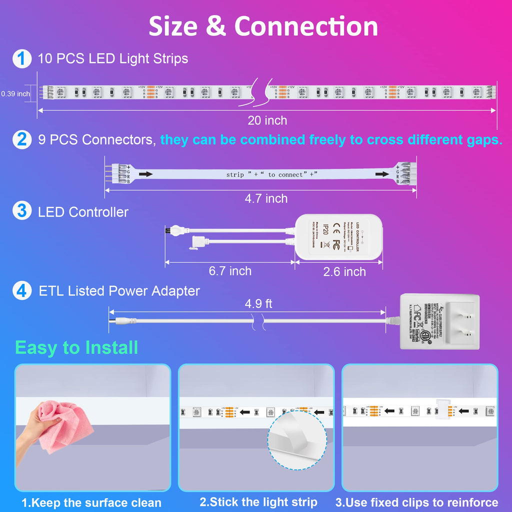 10 PCS 20in Smart RGB Under Cabinet Lights Kit