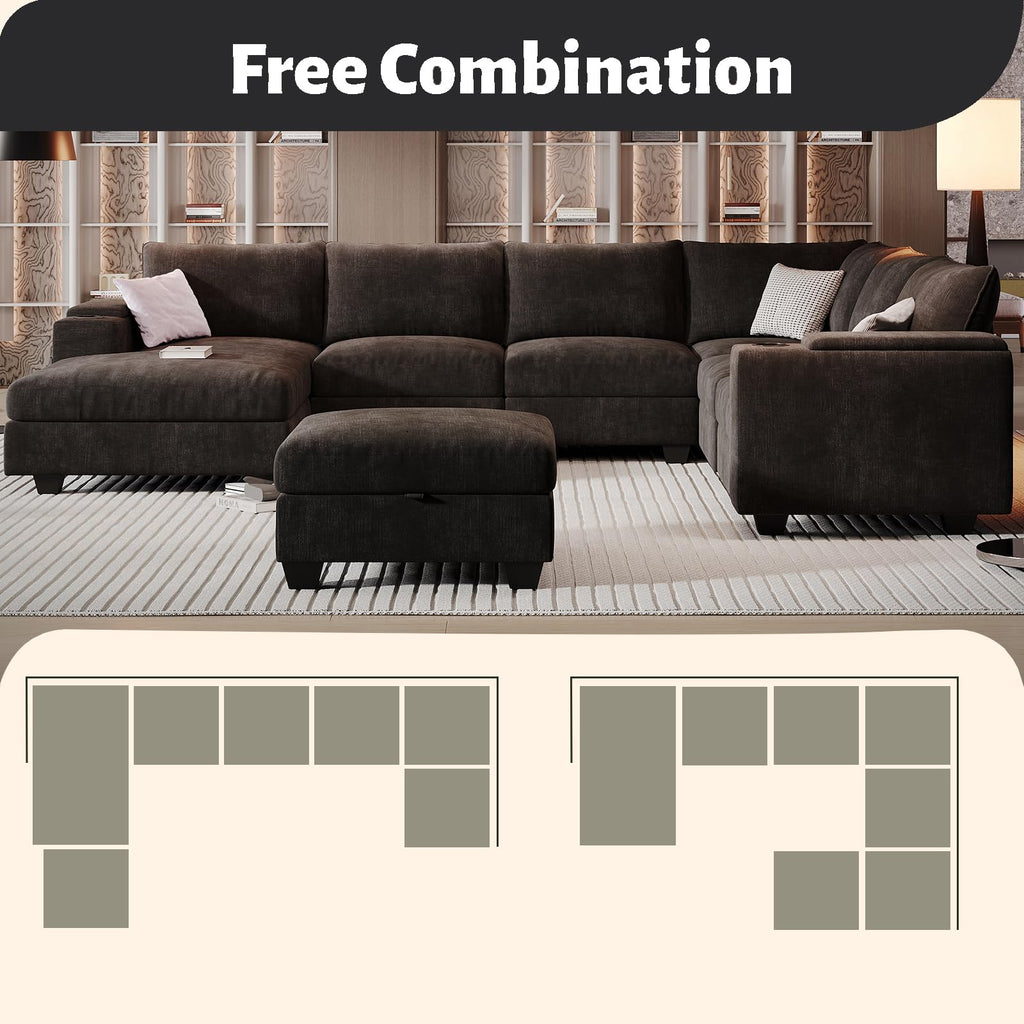 121.2" Large Sectional Couches with Chaise & Cup Holders