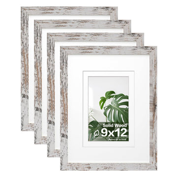 9x12 Picture Frames Set of 4, Made of Solid Wood Covered by Plexiglass 5x7 and 6x8 with Mat or 9x12 without Mat, for