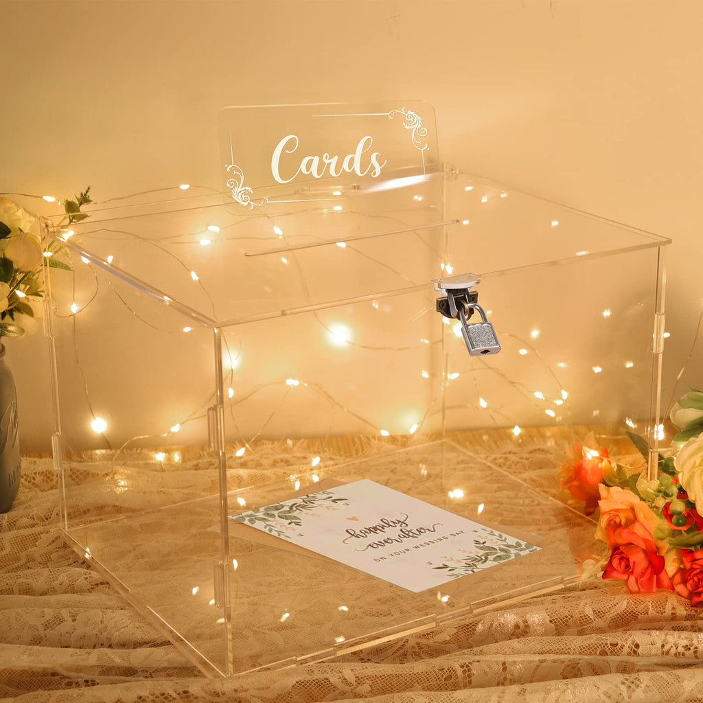 Clear Acrylic Wedding Card Box with Lock, Rustic Card Box for Wedding Reception Bridal Shower Birthday Baby Shower