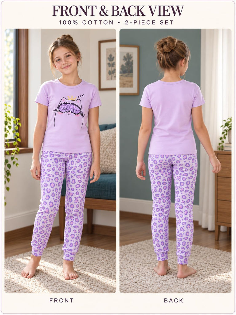 Girls Short Sleeve Piece Cotton Rib-Knit Pajamas Set