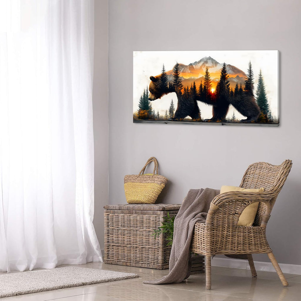 Brown Bear Forest Wall Art Office Retro Sunset Snow Mountain Rustic Wildlife Painting Prints Vintage Modern Art Deco