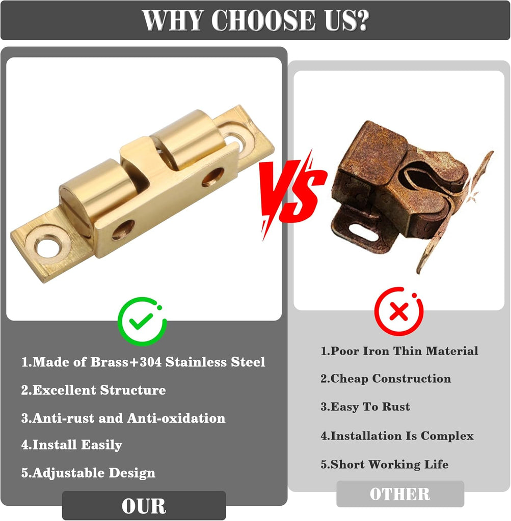 Double Roller Catch Cabinet Latches,Adjustable Double Ball Tension Roller Catch Latch Brass Cabinet Door Latch,40x24mm