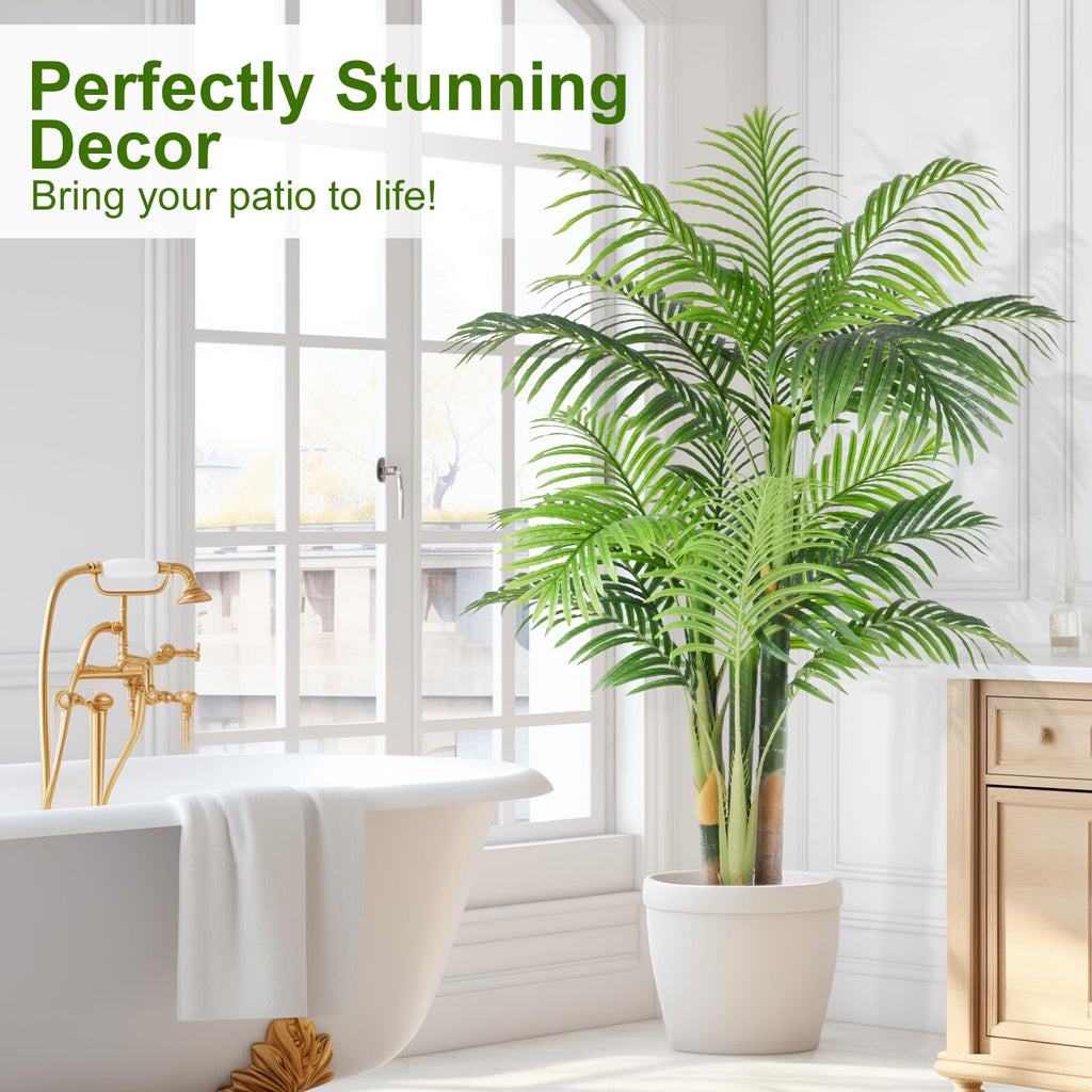 5ft Tall Triple Golden Cane Palm Artificial Tree Large Tropical Palm Tree UV Resistant Fake Plant in Pot for Indoor