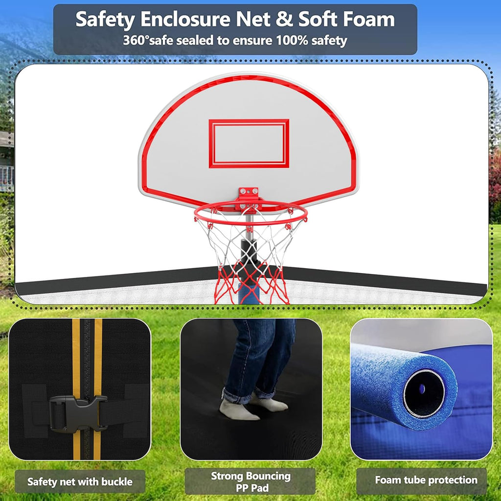 10 12 14 16FT Trampoline Outdoor, Light/Sprinkler/Basketball Hoop | Large Recreational Trampoline for Kids and