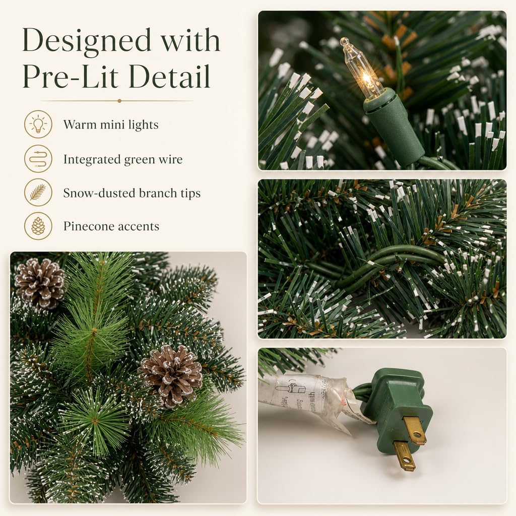 9FT Pre-Lit Artificial Christmas Garland with 50 Lights, White Garland with Pine Cones and Red Berries, Plug-in Snowy