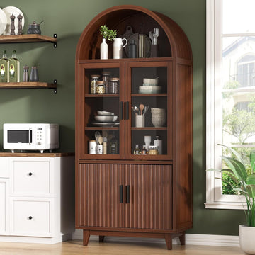 Kitchen Pantry Cabinet with Glass Doors, Arched Design,Walnut | Solid Wood Legs, Artistic Fluted Doors, Adjustable