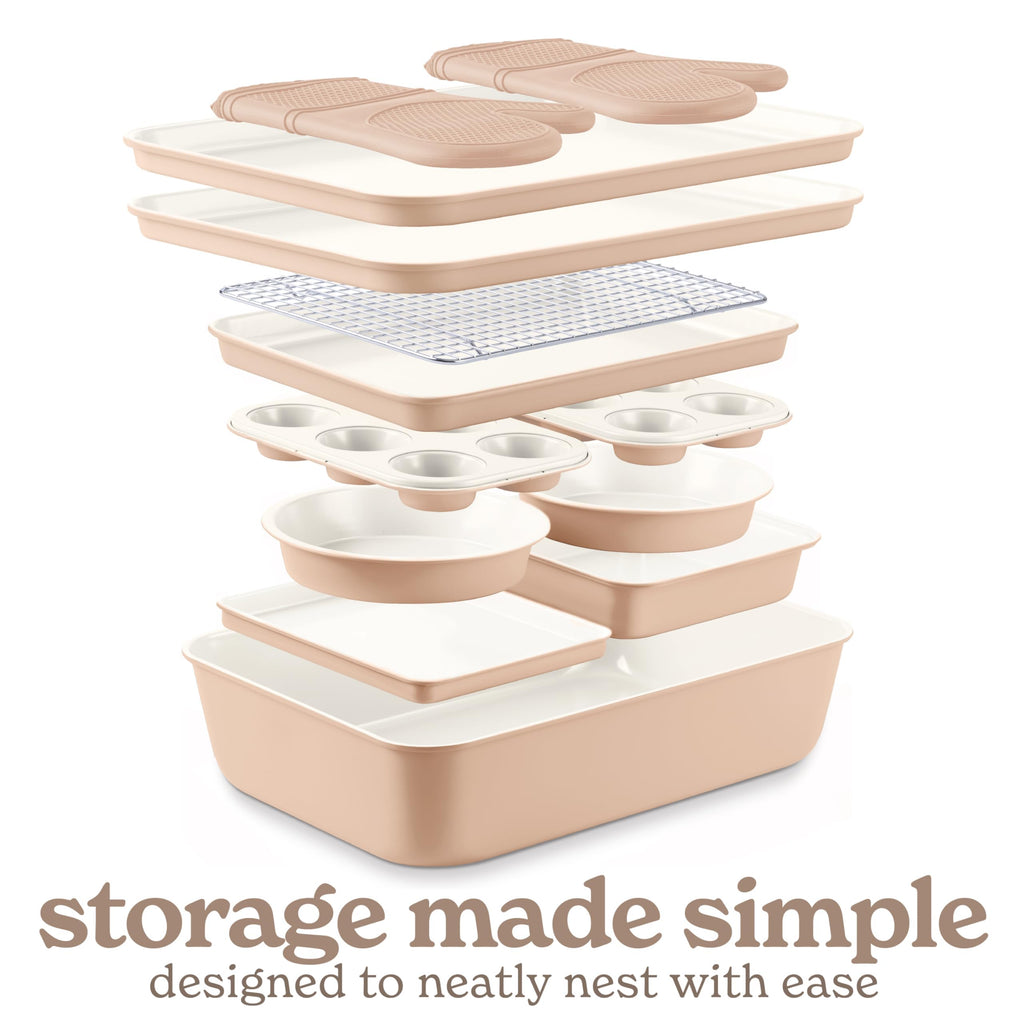 Nonstick Stackable Bakeware Set - Deluxe Heavy Duty, Durable, Easy Release Baking Set, Taupe, 13 Pcs with Handles