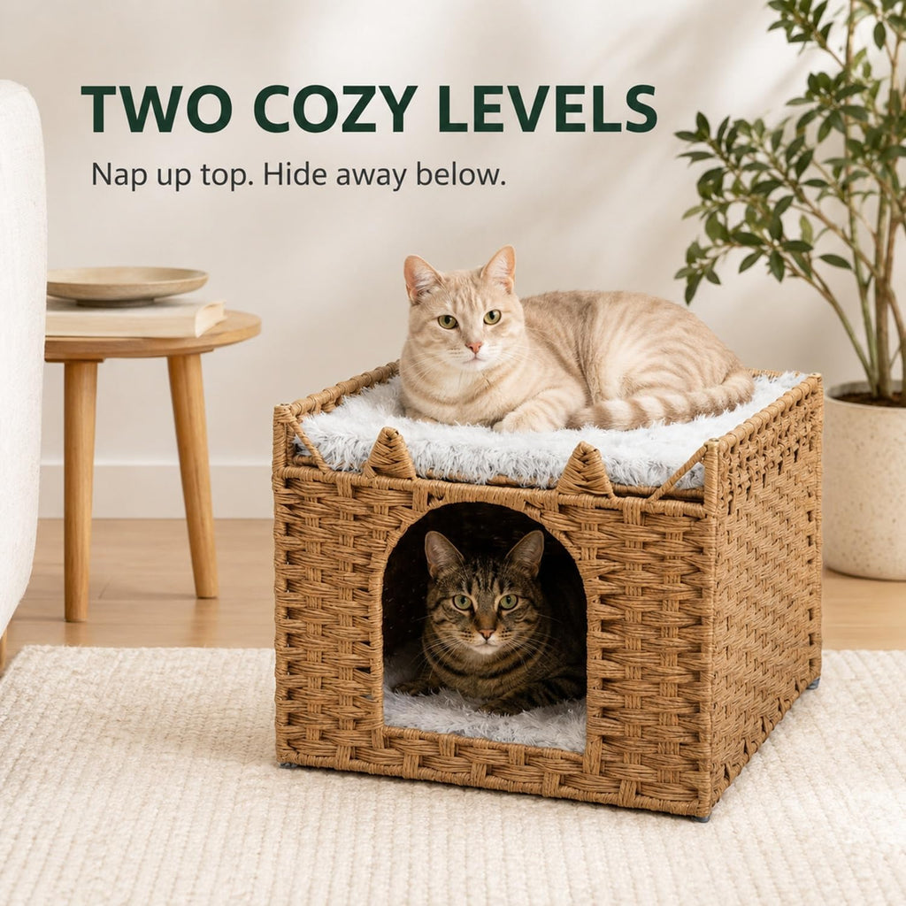 Handwoven PE Rattan Cat Bed with Ears, 2-Level Indoor Cat Cave House with 2 Removable Cushions, Foldable Hideaway