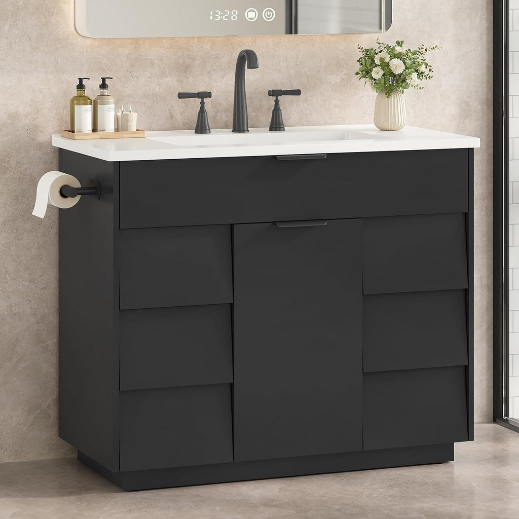 37" Fluted Bathroom Vanity with Sink Combo Set, Freestanding Bathroom Cabinet with 5 Drawers Space