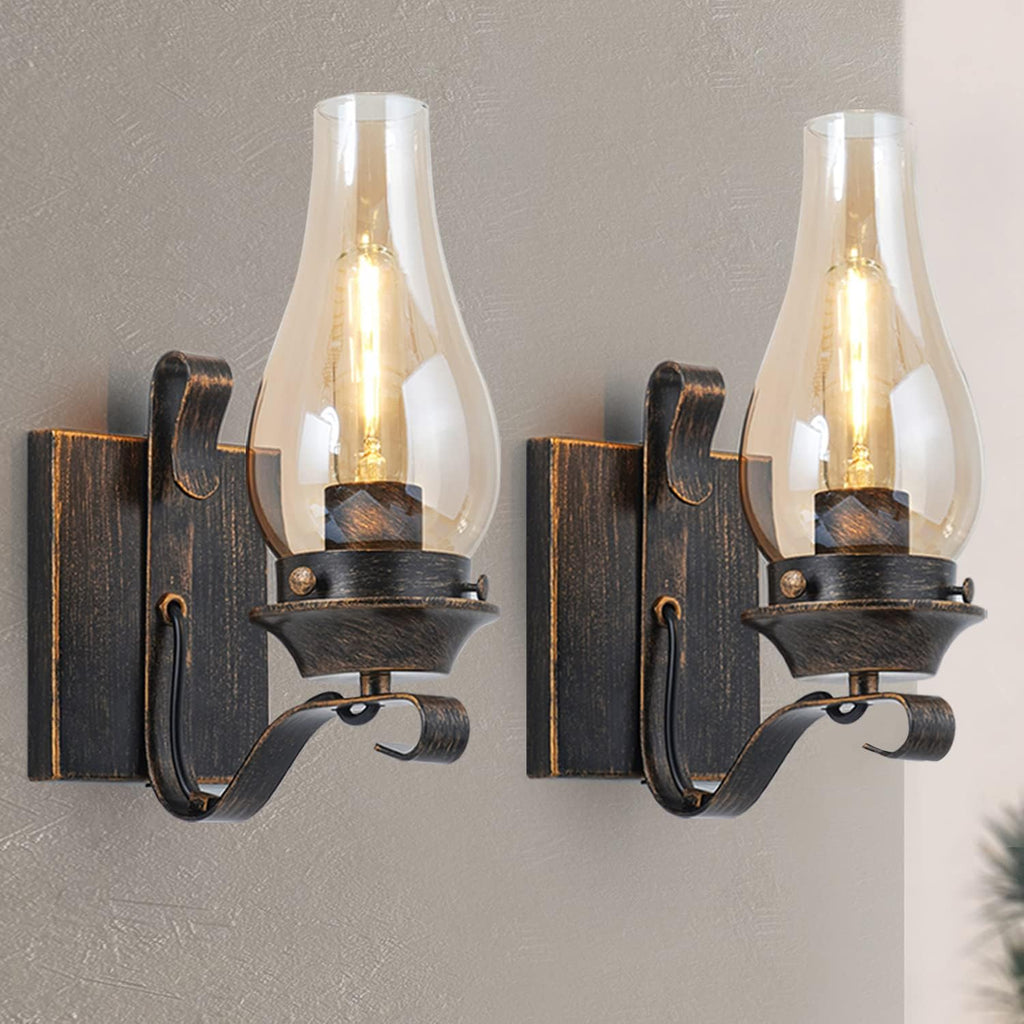 Wall Sconces Sets of 2, Oil Rubbed Bronze Hardwired Wall Sconce Indoor, Retro Rustic Wall Lamps with Amber