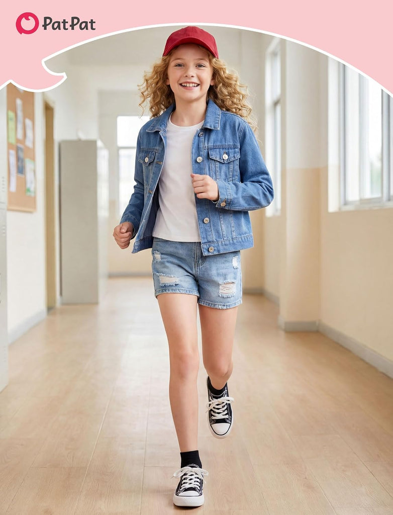 Girls Jean Jacket Long Sleeve Front Button Collared Denim Outerwear