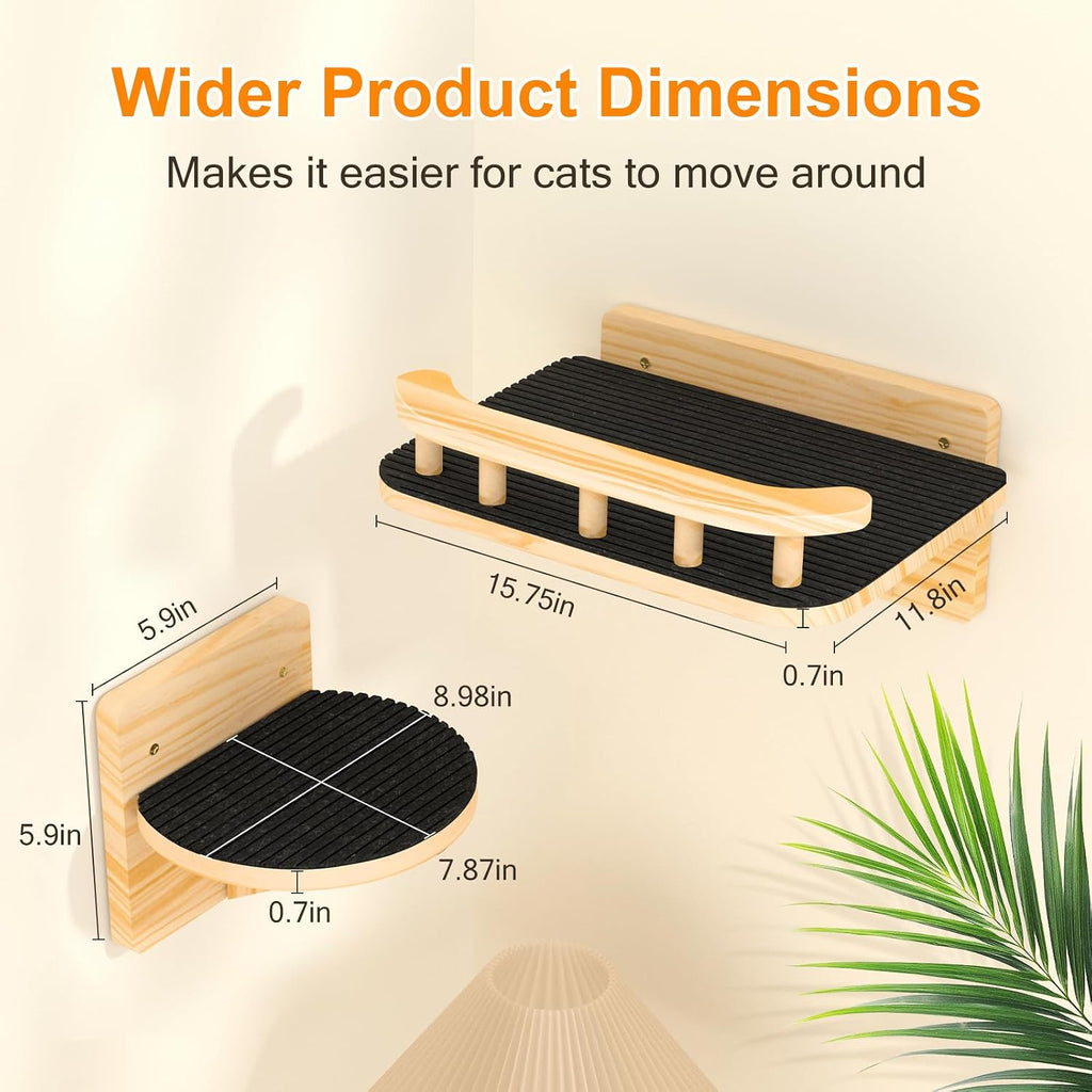 Cat Wall Shelves, Cat Wide Climber Shelf with 3 Perch Steps, Kitty Wall Mounted Wooden Furniture up to 25lbs, Durable