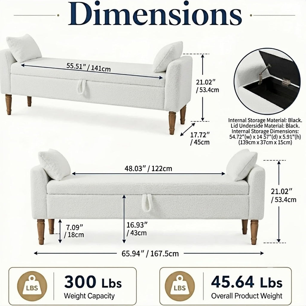 66" End of Bed Storage Bench with Arms, Boucle, Ivory | Flip-top Storage, Bench Daybed, 2 Bolster Pillows, Rubberwood