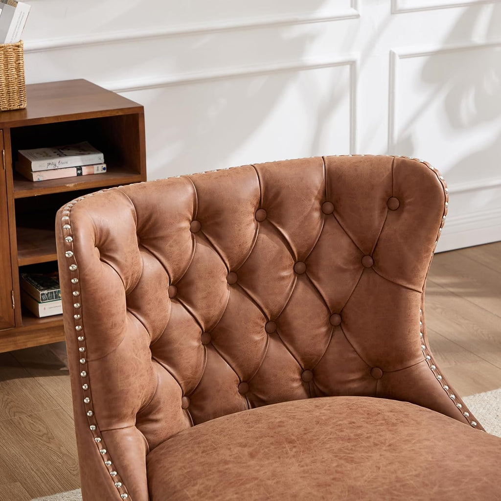 Accent Chair, Leather Slipper Chair with Button Tufted Wingback, Armless Living Room Chair with Nails Decorative