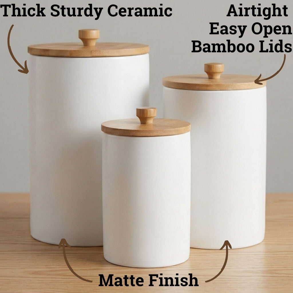 Ceramic Kitchen Canisters for Countertop Set of 3 w/ Airtight Bamboo Lids