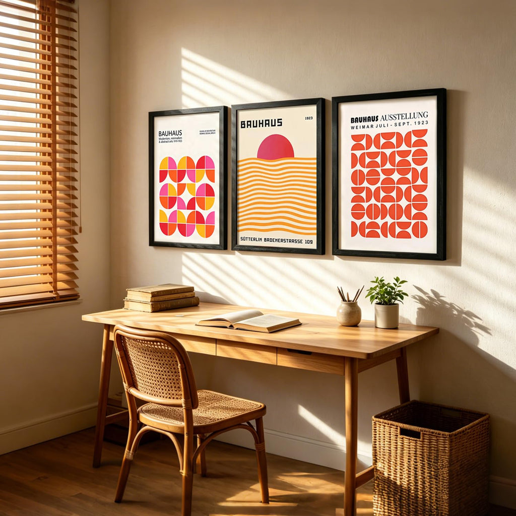 3Pcs Black Framed Bauhaus Wall Art, Sunset Wall Decor, 12x16 Inch