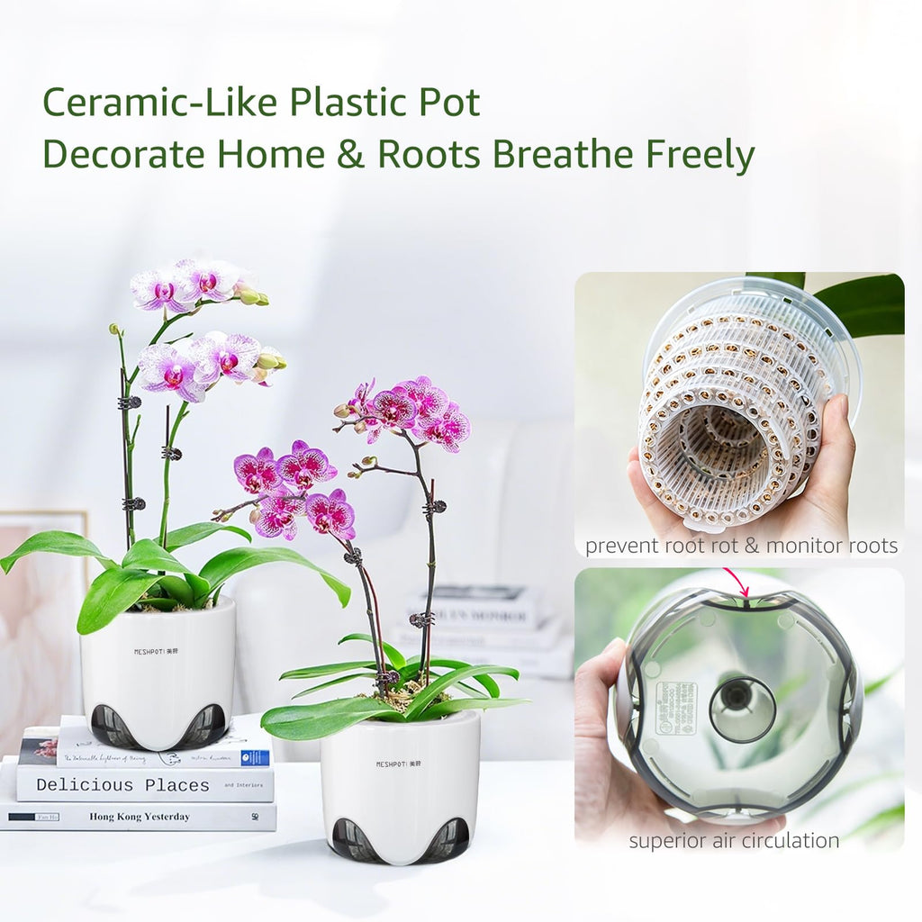 Orchid Pots with Holes for Repotting, Double Layer Plastic Imitate Ceramic Orchid Planter Provide Good Air
