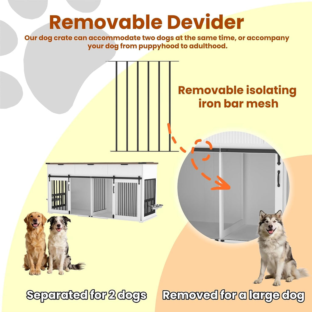71'' Double Dog Crate Furniture with Type-C Power Station & 3 Drawers, Large Dog Kennel with Removable Divider &