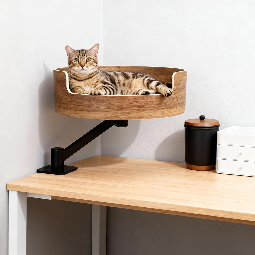 Desk Cat Bed, Elevated Cat Bed for Desk, Space-Saving Cat Hammock, Stable & Comfortable Perch for Indoor Cats, Walnut