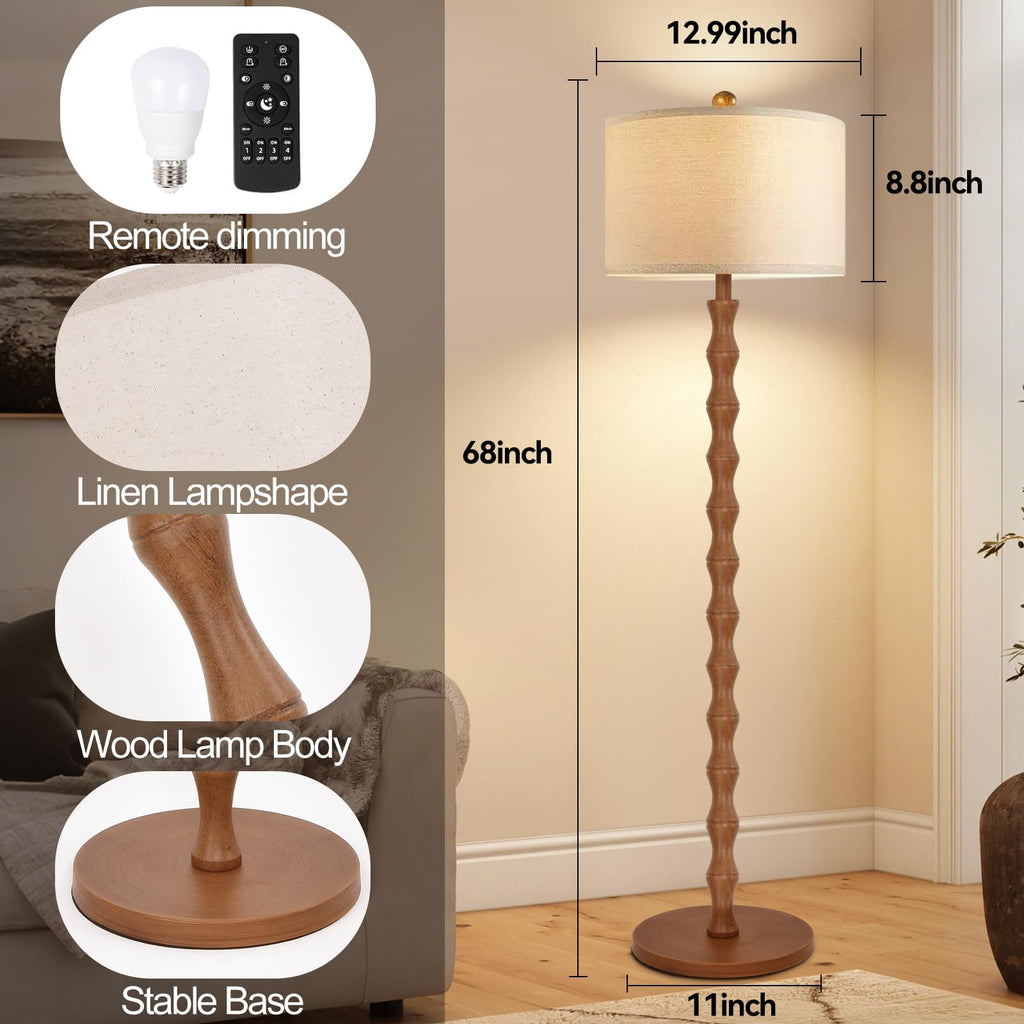 Wood Floor Lamp with 3 Color Temperatures, Boho Floor Lamp with Remote Control, Dimmable Vintage Floor Lamp Mid Century