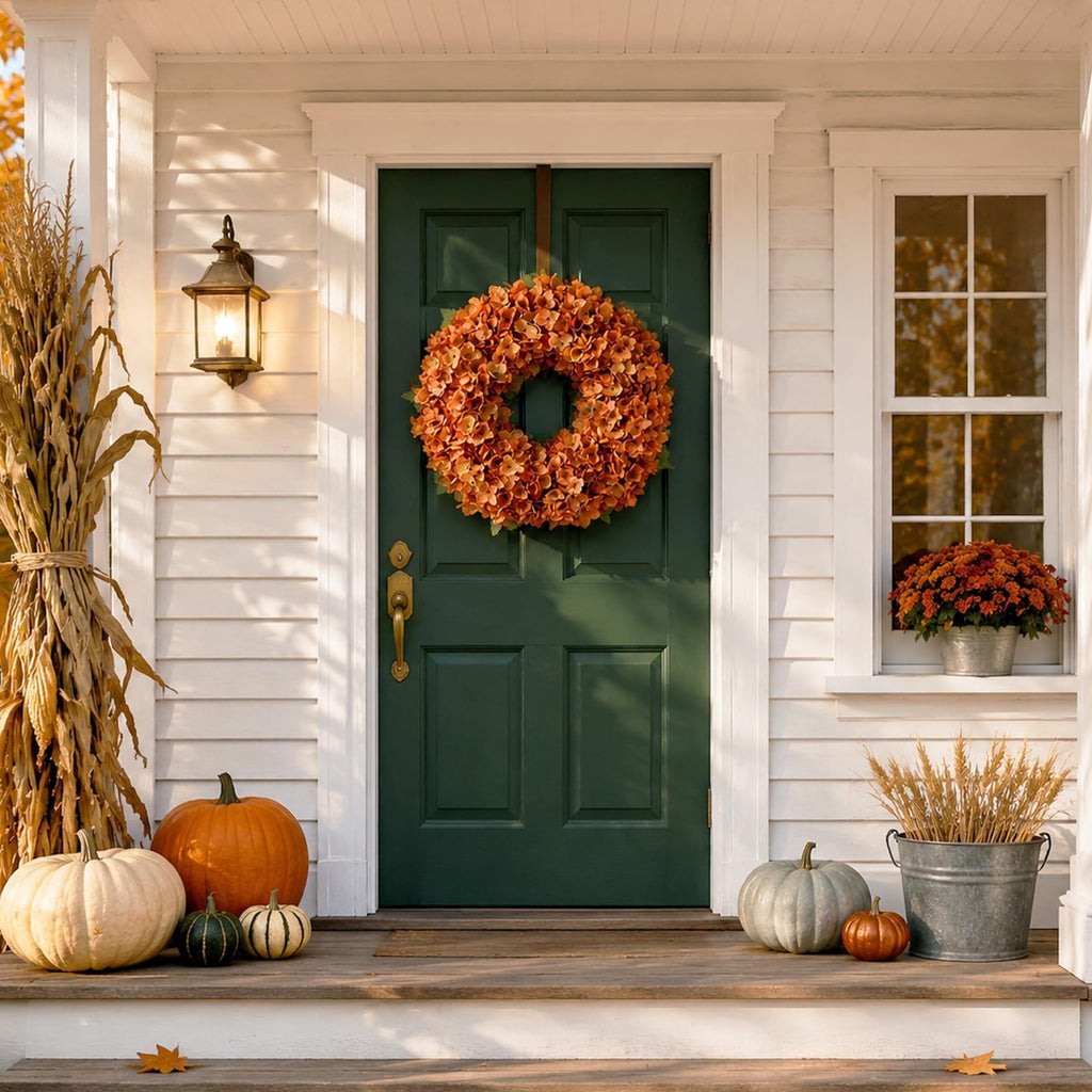 21" Artificial Fall Hydrangea Flower Wreath for Front Door Decor(Orange)