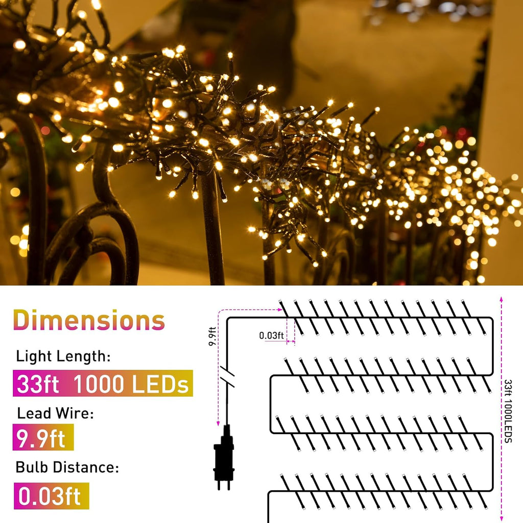 Cluster Christmas Tree Lights 1000 LEDs - Outdoor Waterproof 33FT Christmas Firecracker Twinkle Cluster Lights - 8