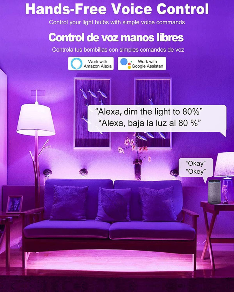 Smart Light Bulbs, Color Changing LED Bulbs for Alexa and Google Assistant, 2.4GHz WiFi and Bluetooth with Music