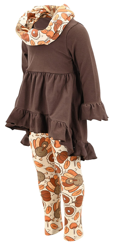 Girls 3 Piece Turkey Pie Thanksgiving Clothes Legging Outfit (, Brown)