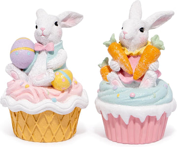 Easter Bunny Cupcake Figurines with Carrots and Eggs - Cute Spring Tabletop Decor for Easter Celebration, Decorations - Set of 2