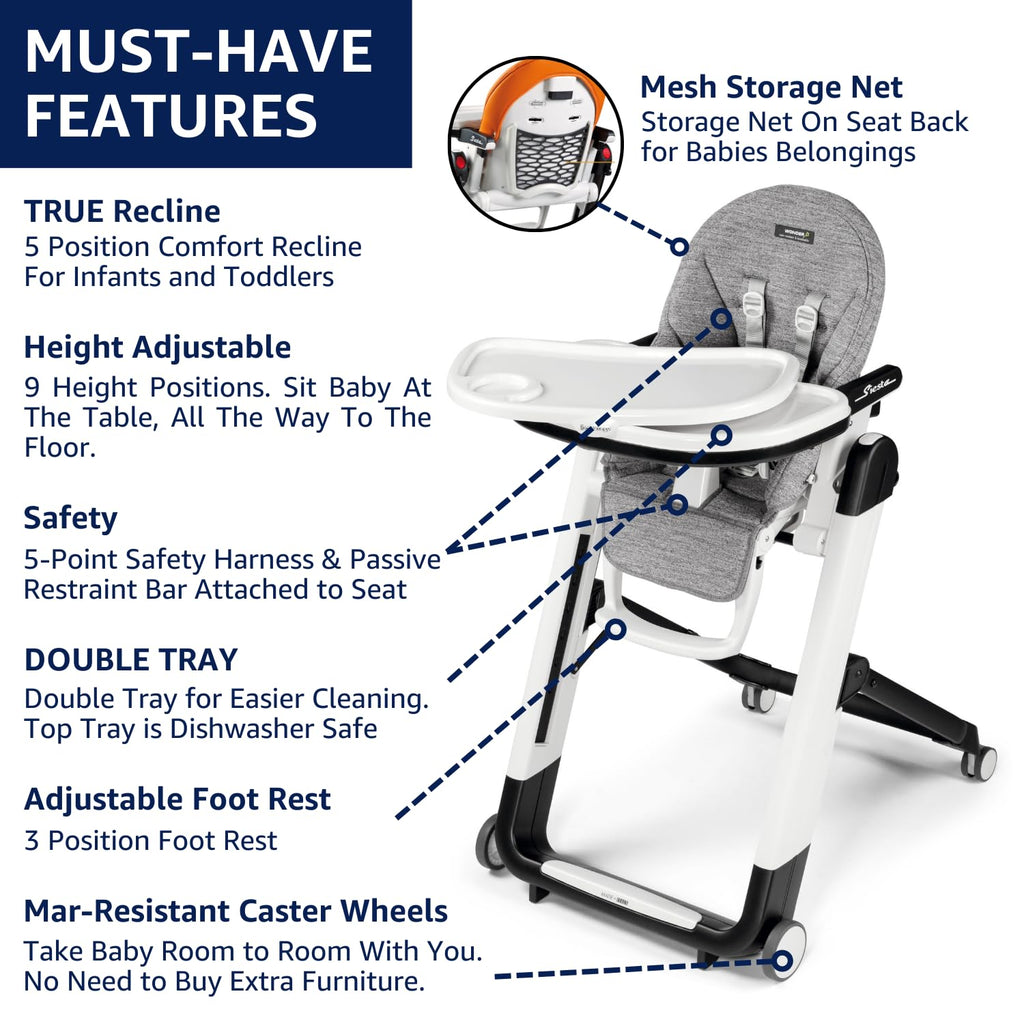 PEG Siesta, Grow with Baby Folding High Chair & Recliner, Astral | Height Adjustable, Quick Clean & Easy Push Wheels