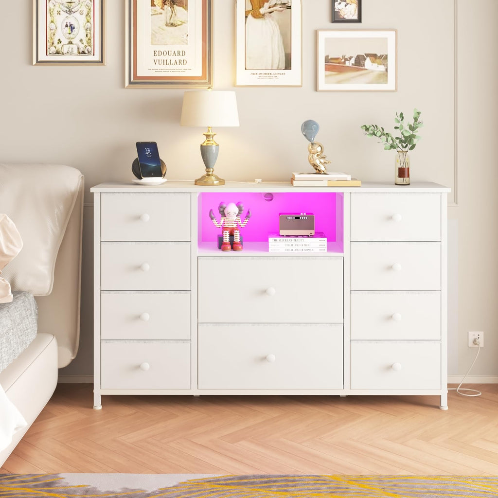 Dresser with Charging Station and LED Lights, White Dresser