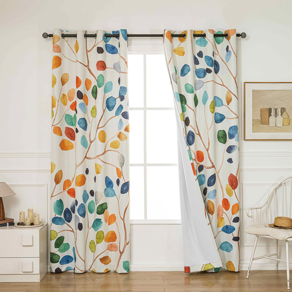 Boho Watercolor Leaf Floral Blackout Curtains, Colorful Bohemian Print Window Drapes, Grommet 2 Panels Set Living