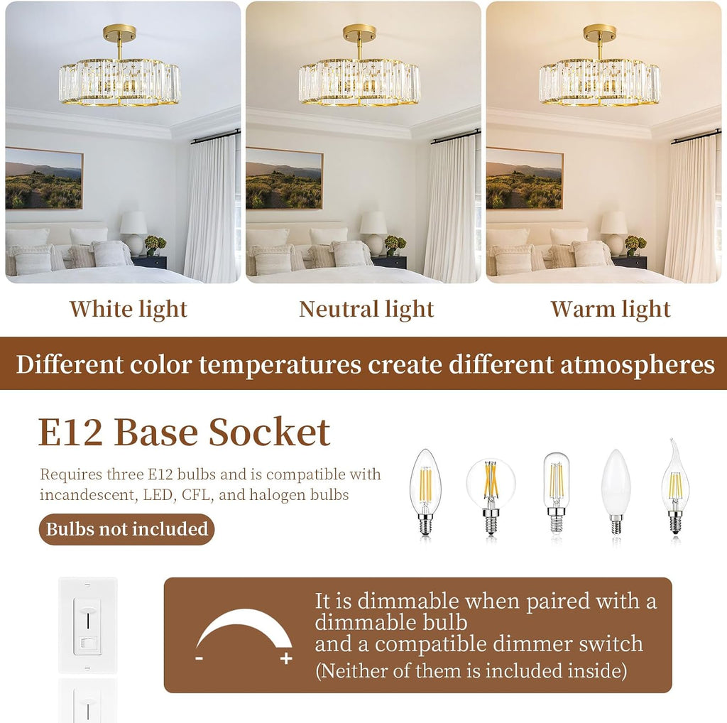 Modern Gold Crystal Chandelier for Dining Room 16 Inch | Semi Flush Mount Ceiling Light Fixture 3-Light,Round Kitchen