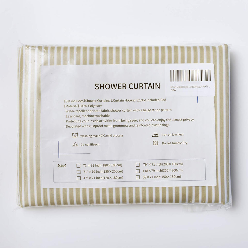 Extra Wide Fabric Shower Curtain Tan Gold, Wrap Around White Neutral Stripe with 18 Hooks, 108" W×72" H Inch