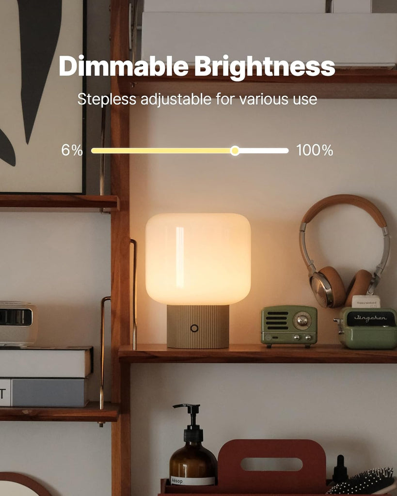 Mushroom Lamp, 5W Cute Cordless Rechargeable Table Lamp with Glass Shade, 3 Color Temps LED Dimmable Ambient Lighting