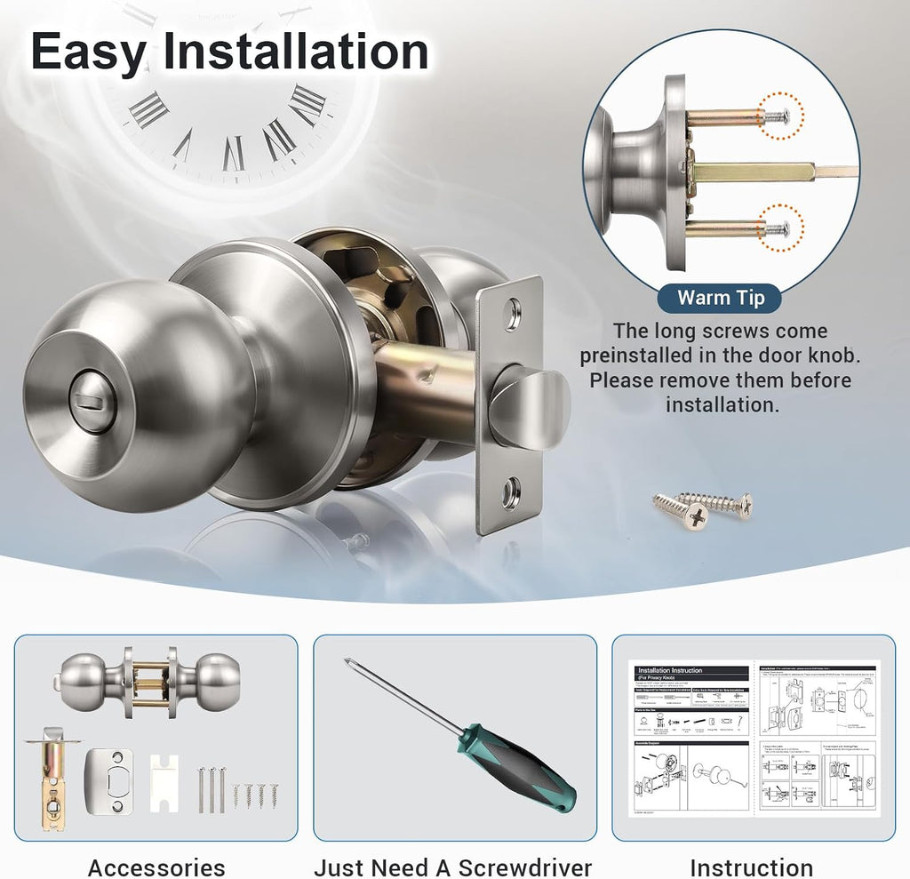 Interior Door Knobs in Brushed Nickel Finish, Keyless Privacy Door Knob, Round Ball Style Door Knob Bathroom, Indoor