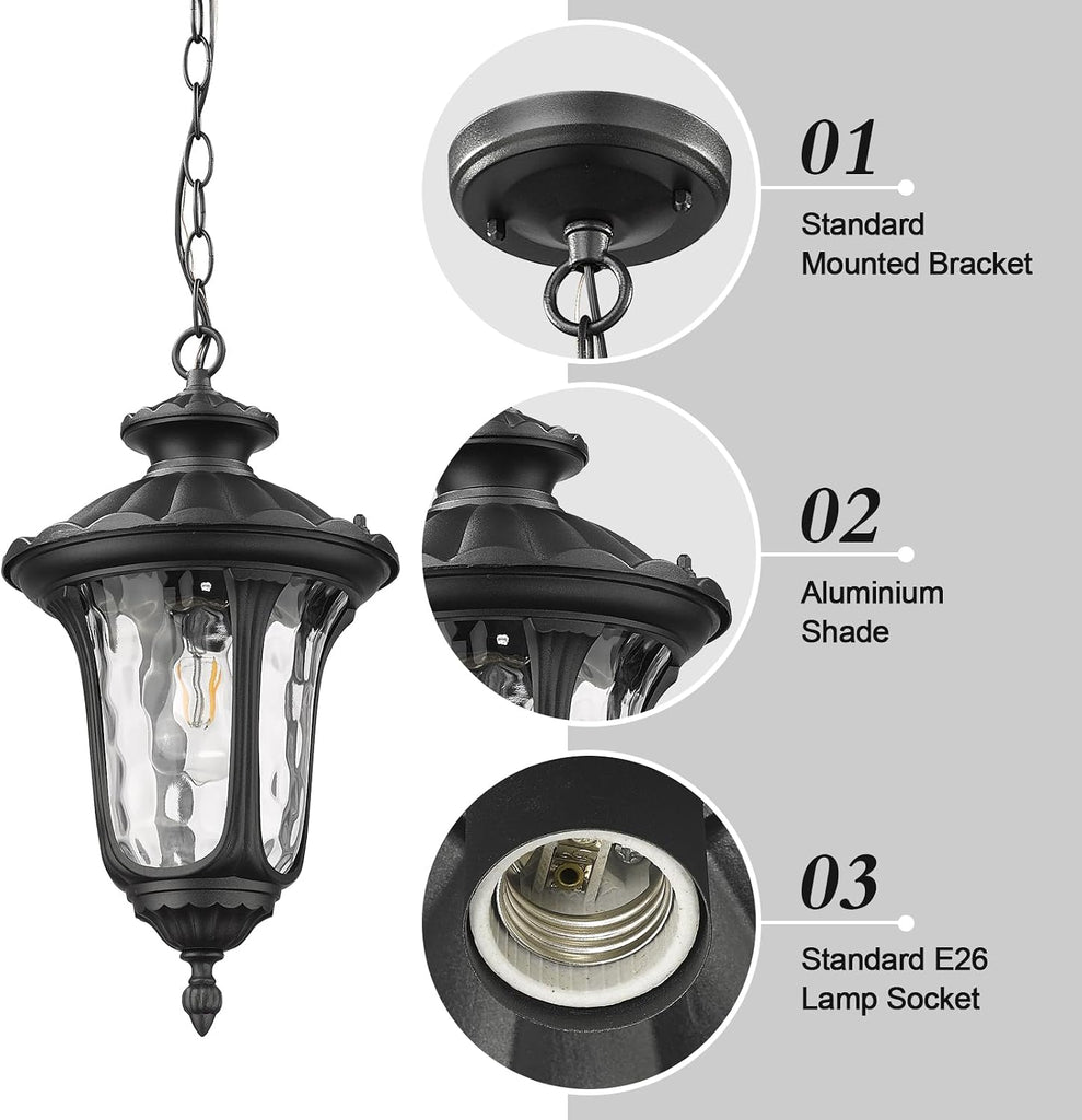 Outdoor Pendant Light for Porch, Exterior Hanging Lantern Outdoor Chandelier in Black Finish for Entryway, Doorway