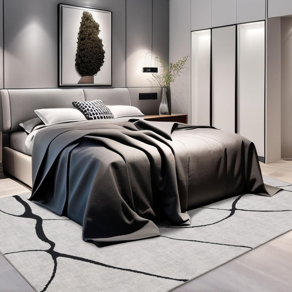 6x9 Abstract Black and White Area 6'x9' - Washable Non-Slip Ultra-Thin Rug, Stain Resistant Low Pile Soft Rug for Living