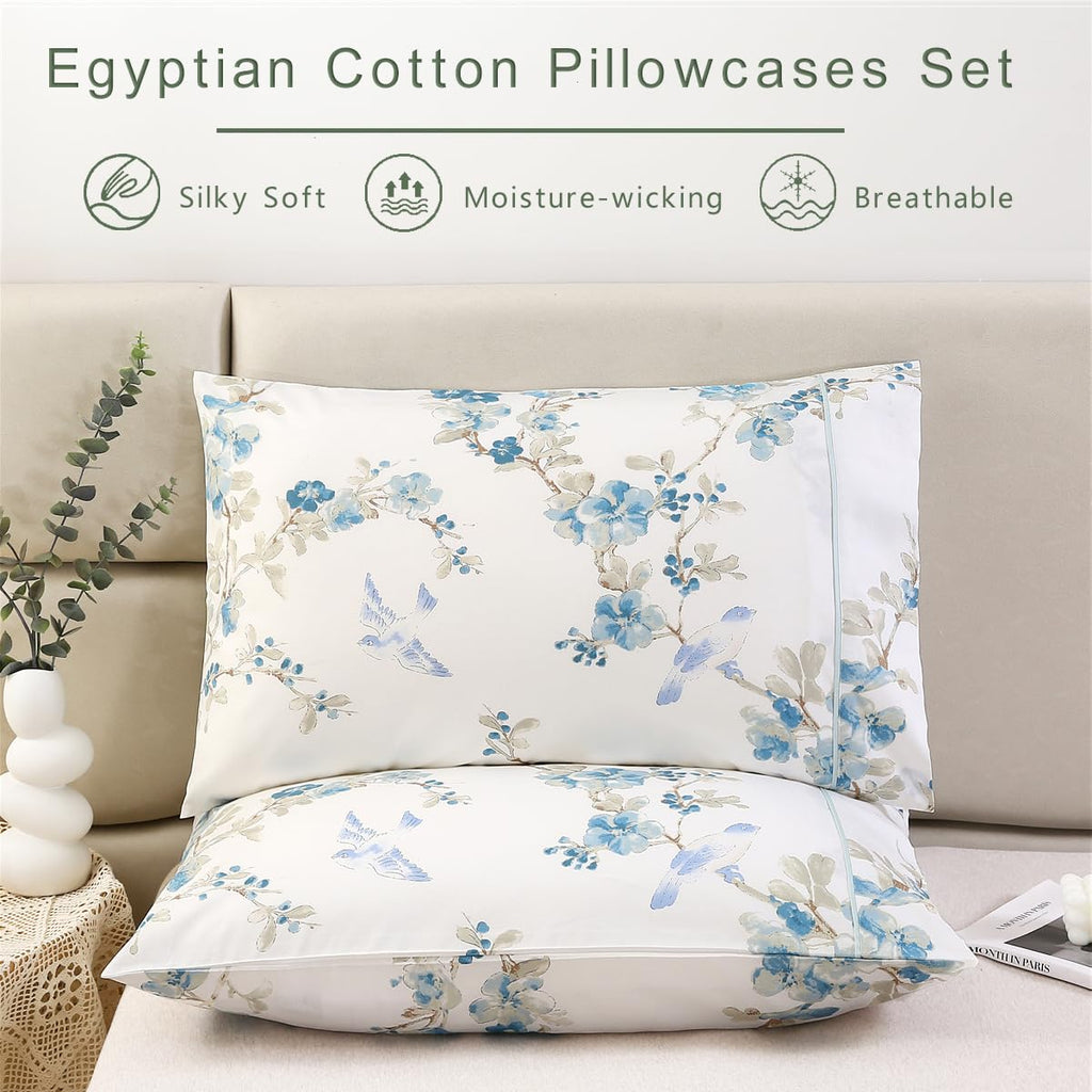 100% Cotton Pillowcases Set of 2 King Size Floral Printed Pillow Cases Soft Breathable Cooling Pillowcase Decorative