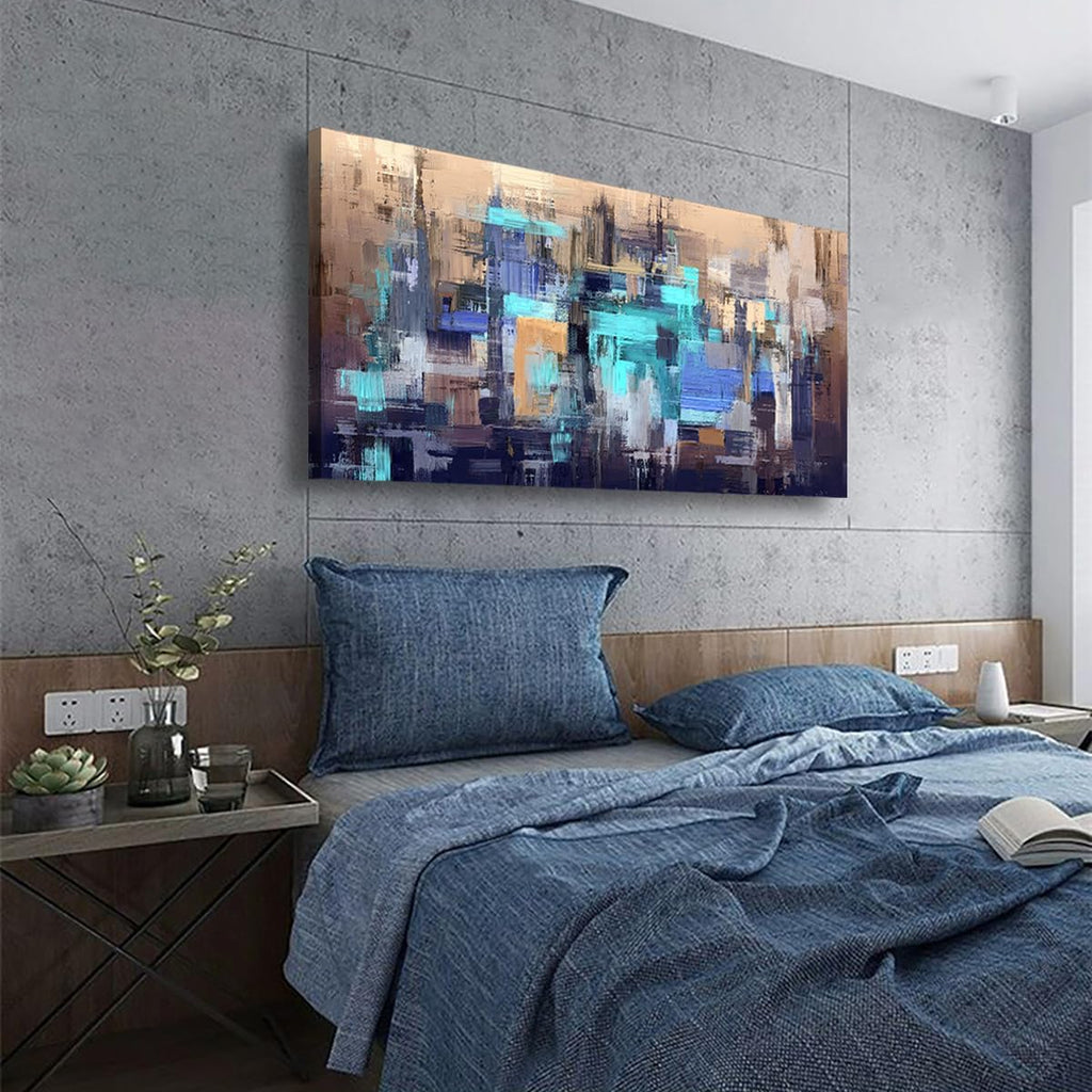 Abstract City Skyline Canvas Wall Art 40x20 Inches Framed Teal Blue Brown Cityscape Wall Decor Wood Frame Waterproof