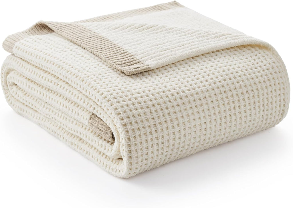Chenille Throw Blanket, Soft Cozy Waffle Throw, Warm Yet Lightweight, Breathable All-Season Throws for Women Men