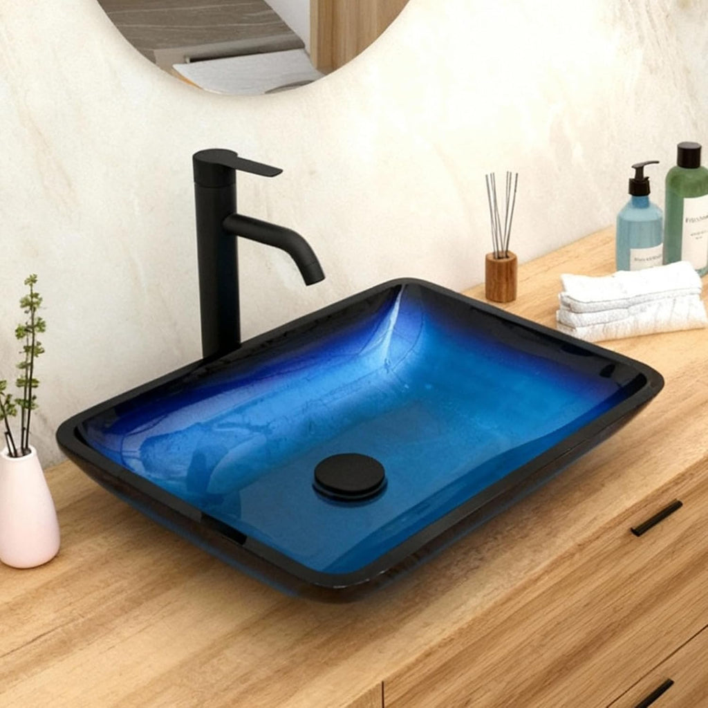 22"×14.25" Vessel Sink, Bathroom Sink Above Counter Amber Blue Gradient Tempered Glass Bowl Square Sink for