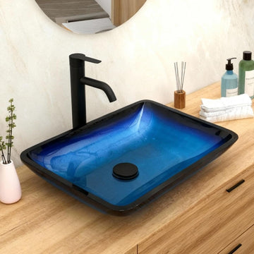 22"×14.25" Vessel Sink, Bathroom Sink Above Counter Amber Blue Gradient Tempered Glass Bowl Square Sink for Bathroom, Tempered Glass Vessel Sink with Pop-up Drain (no Faucet)