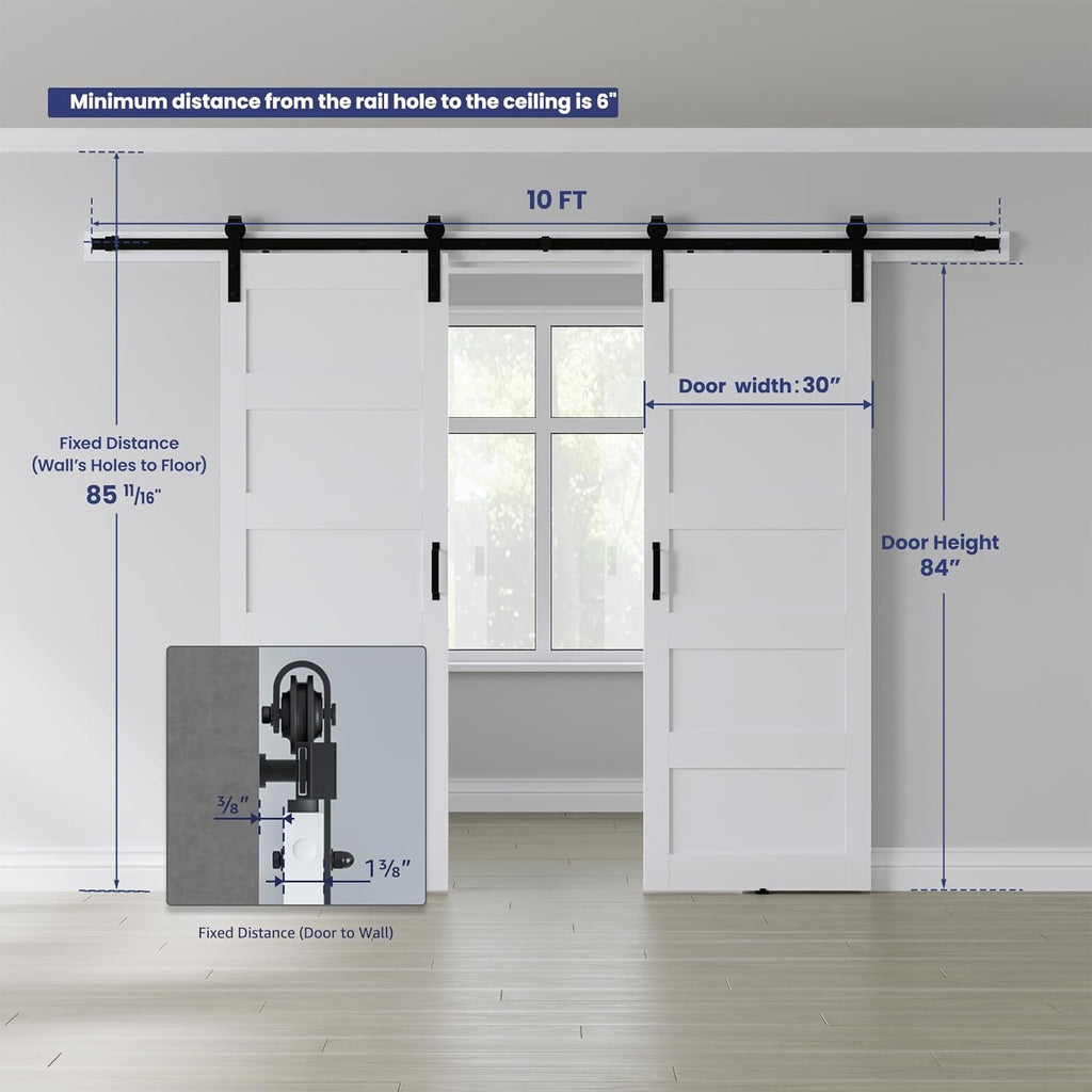 Double 30" x 84" White Barn Door with 10FT Sliding Door Hardware Kit Included, Assemblely Needed, Wa